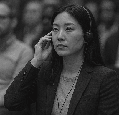une femme assise dans le public d'une conférence, utilisant une oreillette de traduction