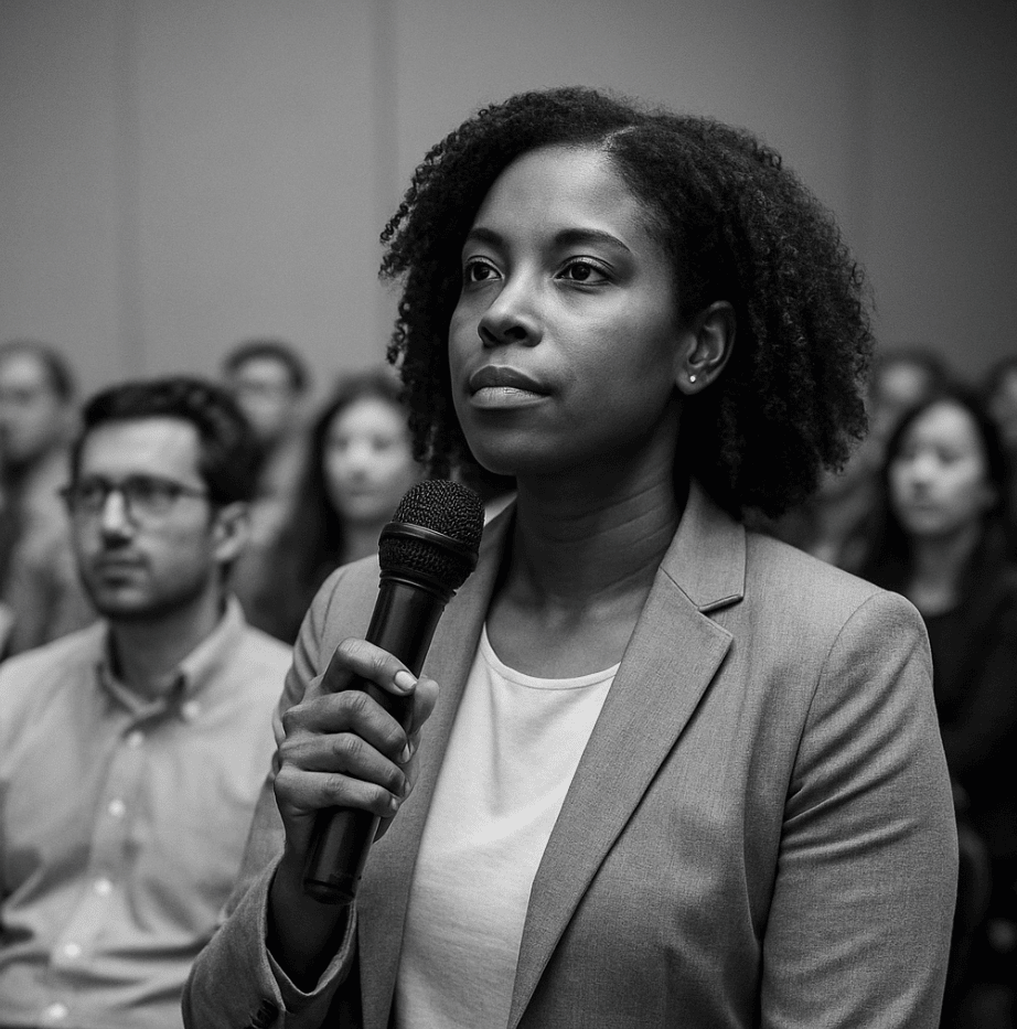 image of a women in the public at a conference, taking the microphone to ask a question