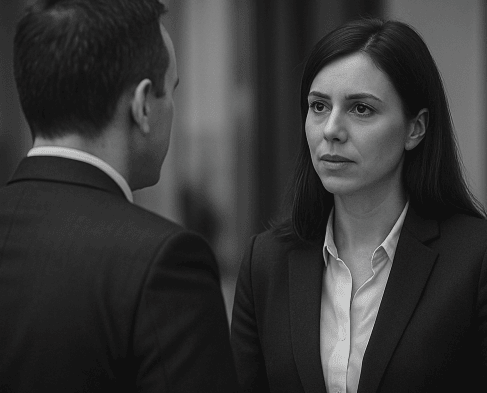 A women an a men in a suit, talking seriously