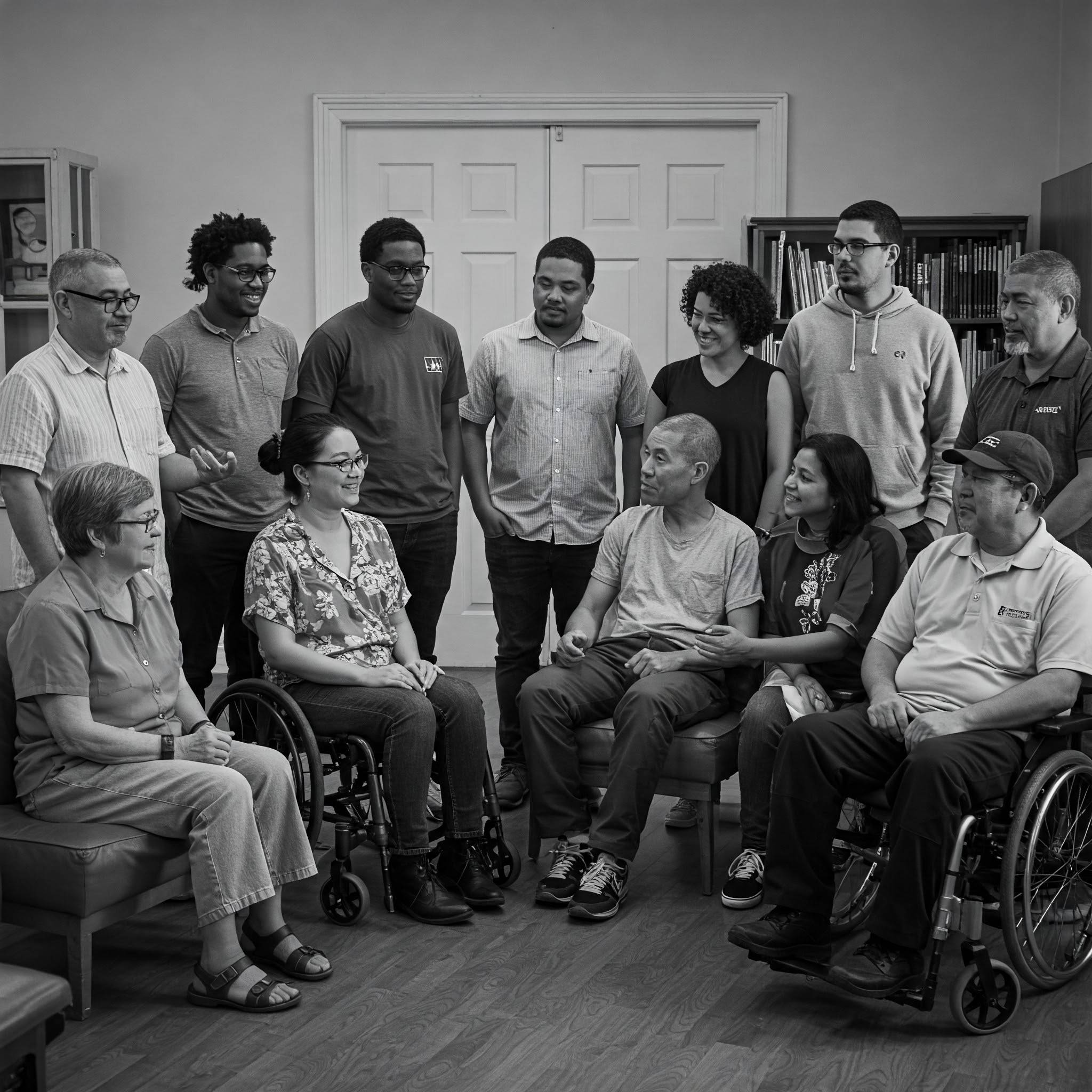 A group of diverse people having a conversation. 