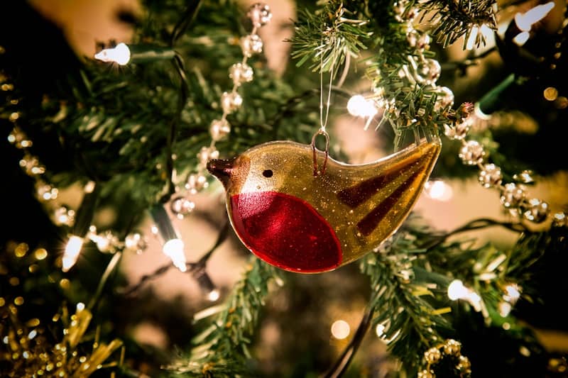 A bird ornament hanging from a christmas tree