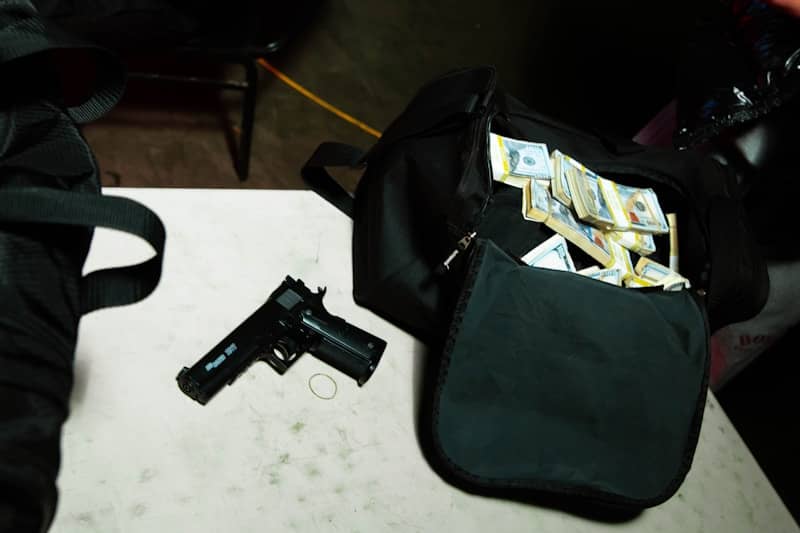 a bag of money and a gun on a table