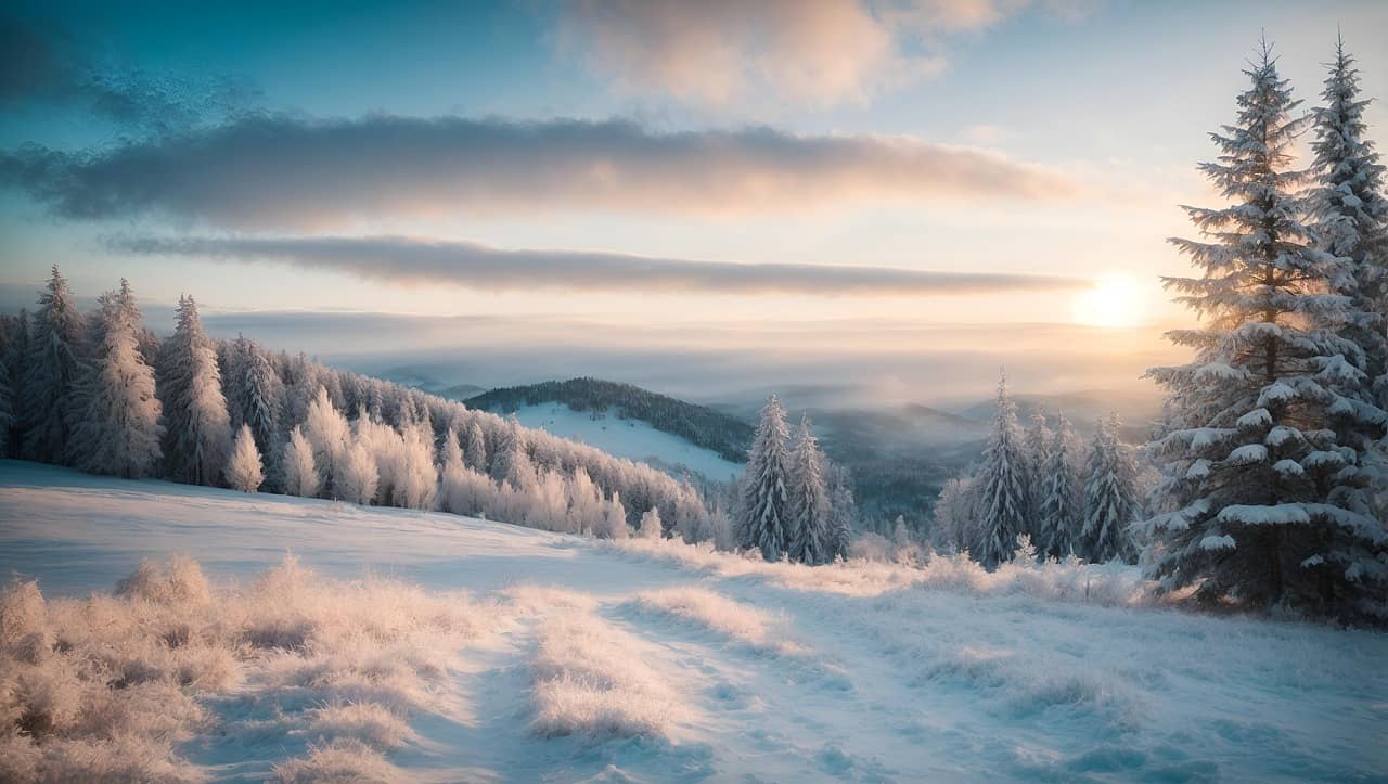 Snow-covered hills and trees bathed in the soft glow of sunrise or sunset, with gentle clouds overhead — a peaceful winter landscape beneath the ‘Legacy Lesson’ message about the enduring gift of play.