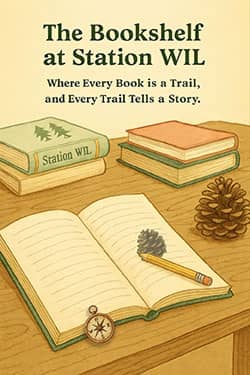 A reading desk with an open journal, surrounded by a compass, a pencil, a pinecone, and a stack of Station WIL books—each one a trail waiting to be explored.