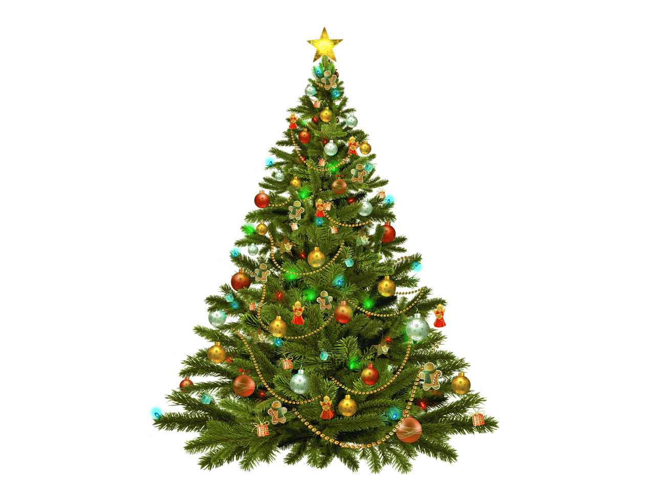 A Christmas tree decorated with colorful ornaments and green and blue lights with a gold star on top.
