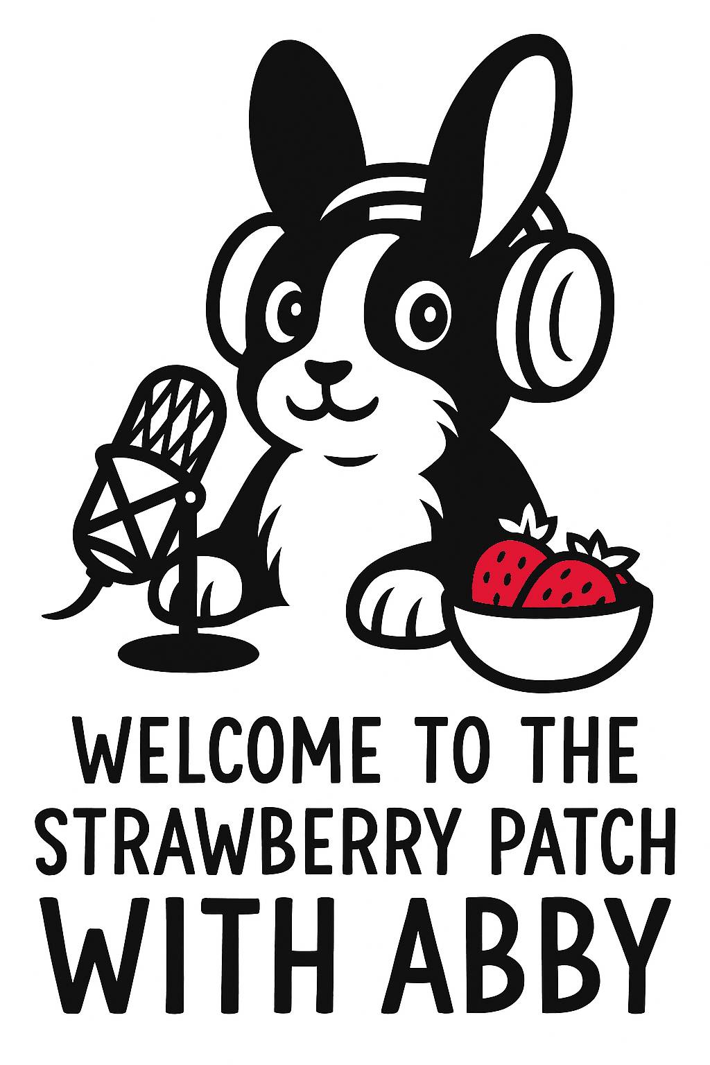 Headphones on, mic ready — Abby the talking rabbit sits at her desk with a bowl of strawberries by her side, ready to answer questions from her fans.