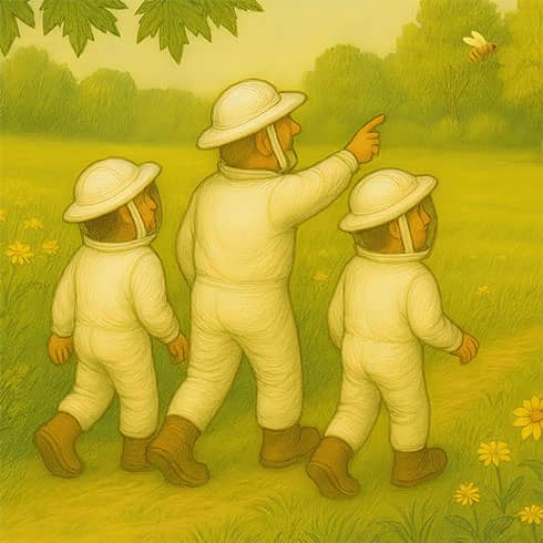Two children and an adult, all dressed in white beekeeping suits with protective veils, walk through a sunny meadow toward a nearby apiary.