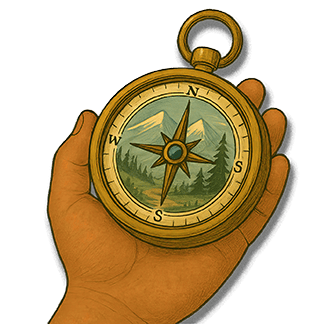 A child’s hand holding an old compass with a scenic mountain and forest landscape inside the dial.