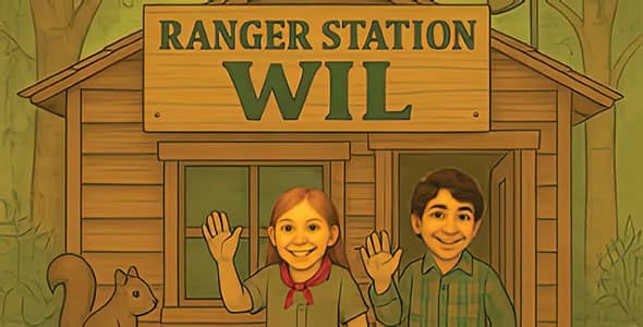Illustration of Patty and Tito waving from a wooden Ranger Station WIL cabin, with a squirrel nearby and a welcoming sign above the door.