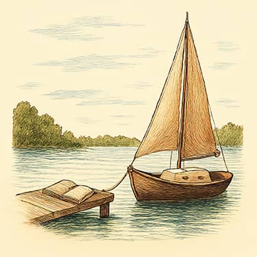 A small sailboat moored at a wooden dock on a calm lake, surrounded by trees and distant hills. The peaceful scene evokes freedom, reflection, and quiet adventure.