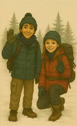 Two children, Teo and Patty, dressed in winter coats and hats, stand smiling in front of snow-covered evergreen trees. The scene invites readers to share poems, haikus, and adventure stories as part of a creative winter trail.