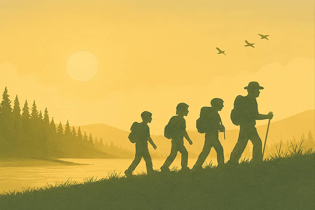 Empowering stories for young readers image shows the golden-sunrise silhouette of a guide with three young hikers following up a grassy hill. Three geese fly above and a river, pine forest and mountains provide the background.