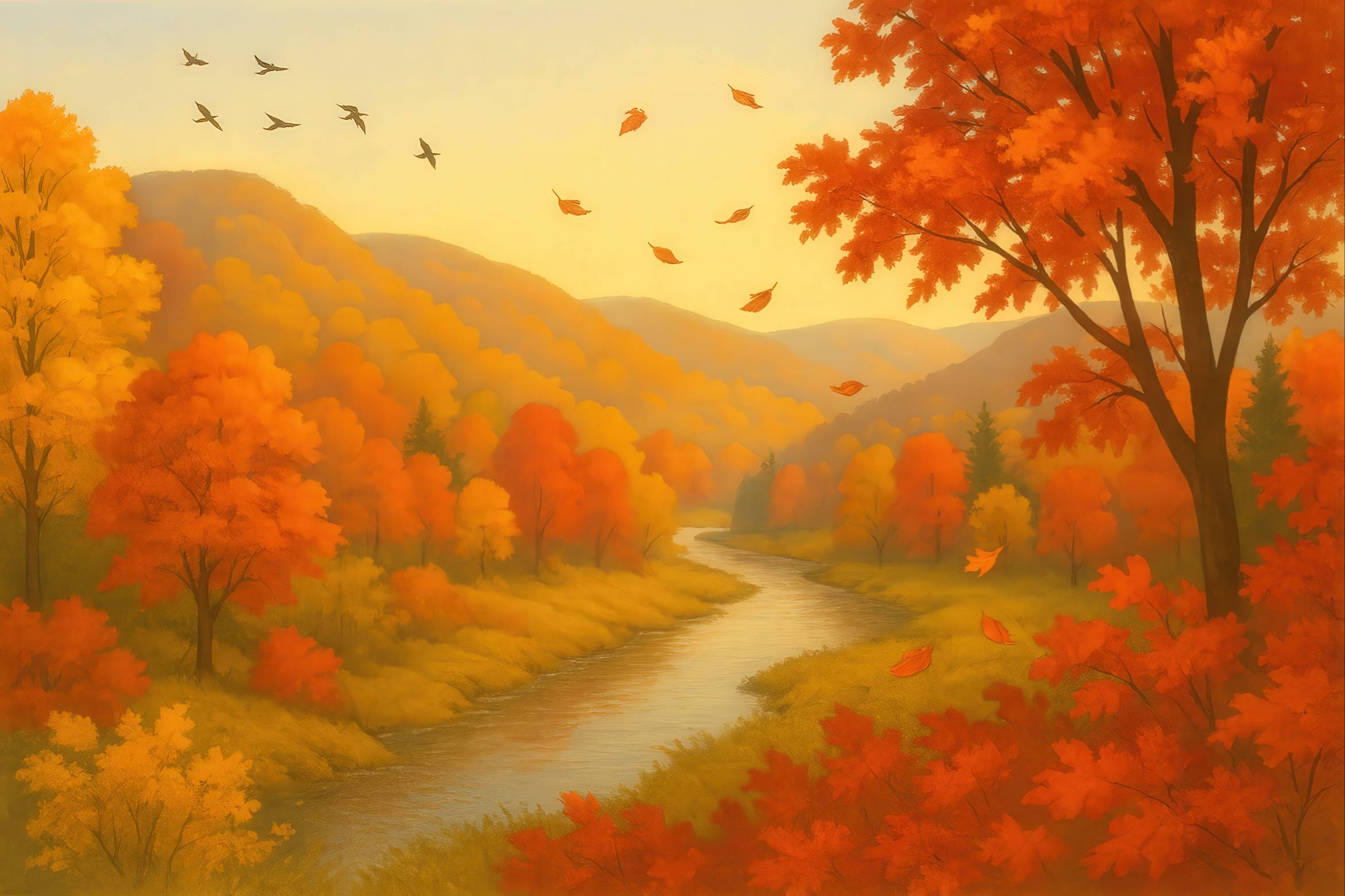 Brilliant orange, red, and yellow leaves frame a serene river scene in this image.