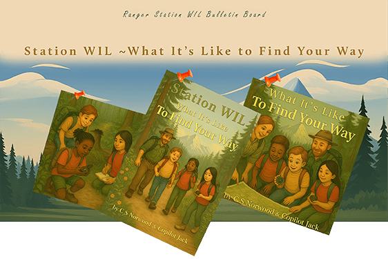 Colorful Ranger Station WIL bulletin board featuring pinned images from our soon-to-be-released book Station WIL ~ What It’s Like to Find Your Way, set against a scenic mountain backdrop.
