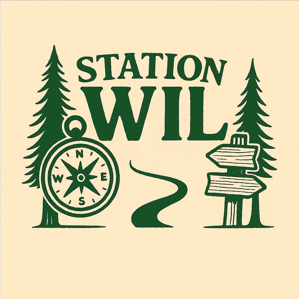 Logo for Station WIL with tall green cedar trees framing a winding path. A compass and trail markers frame the scene.