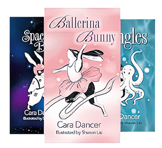 Three illustrated children’s book covers from the Abby Adventure Series by Cara Dancer, illustrated by Sharon Lu. Titles include Ballerina Bunny, Space Bunny, and Tangles, each featuring a stylized bunny character in ballet, space, and underwater settings.