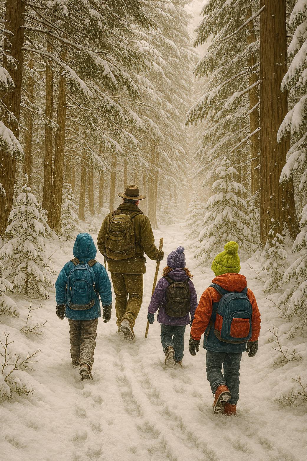 Five figures — one adult and four children — walk down a snowy forest trail surrounded by tall pine trees. Each wears winter gear and carries a backpack, evoking a quiet journey through nature. The scene is serene, with soft snow and a sense of listening and discovery.