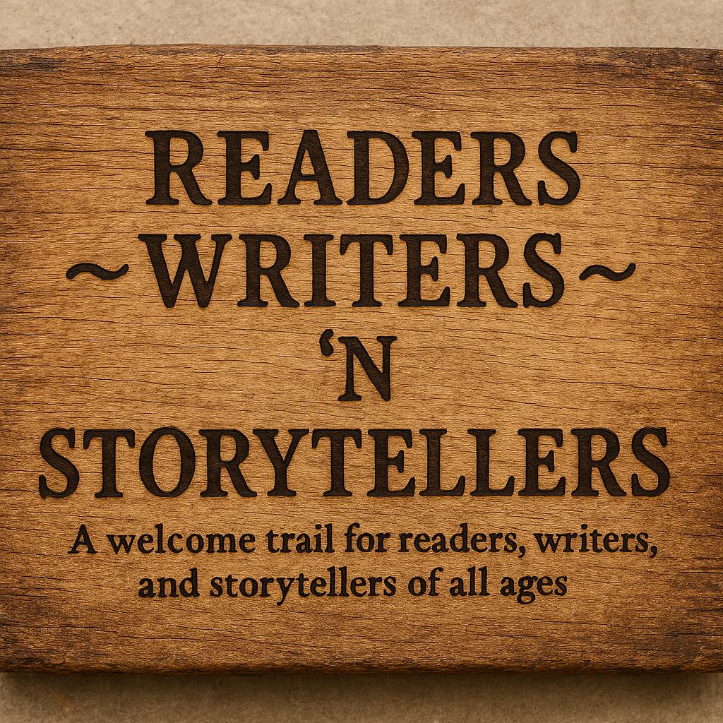 A sign on an old wooden board saying "Readers ~ Writers ~ 'n Storytellers: A welcome trail for readers, writers, and storytellers of all ages.