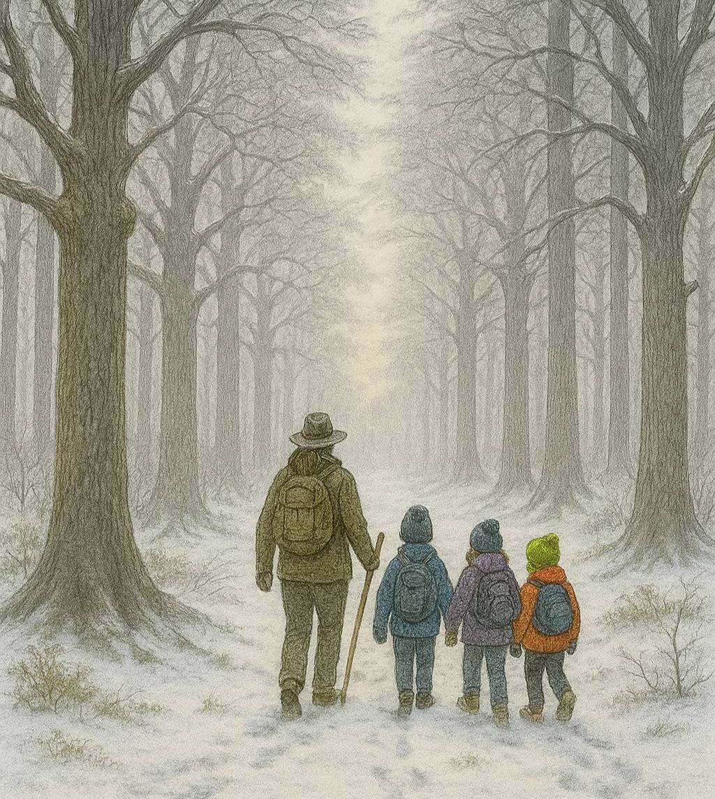 Trail guide dressed for the winter weather leads a group of three children for a hike along a winter trail in the woods.