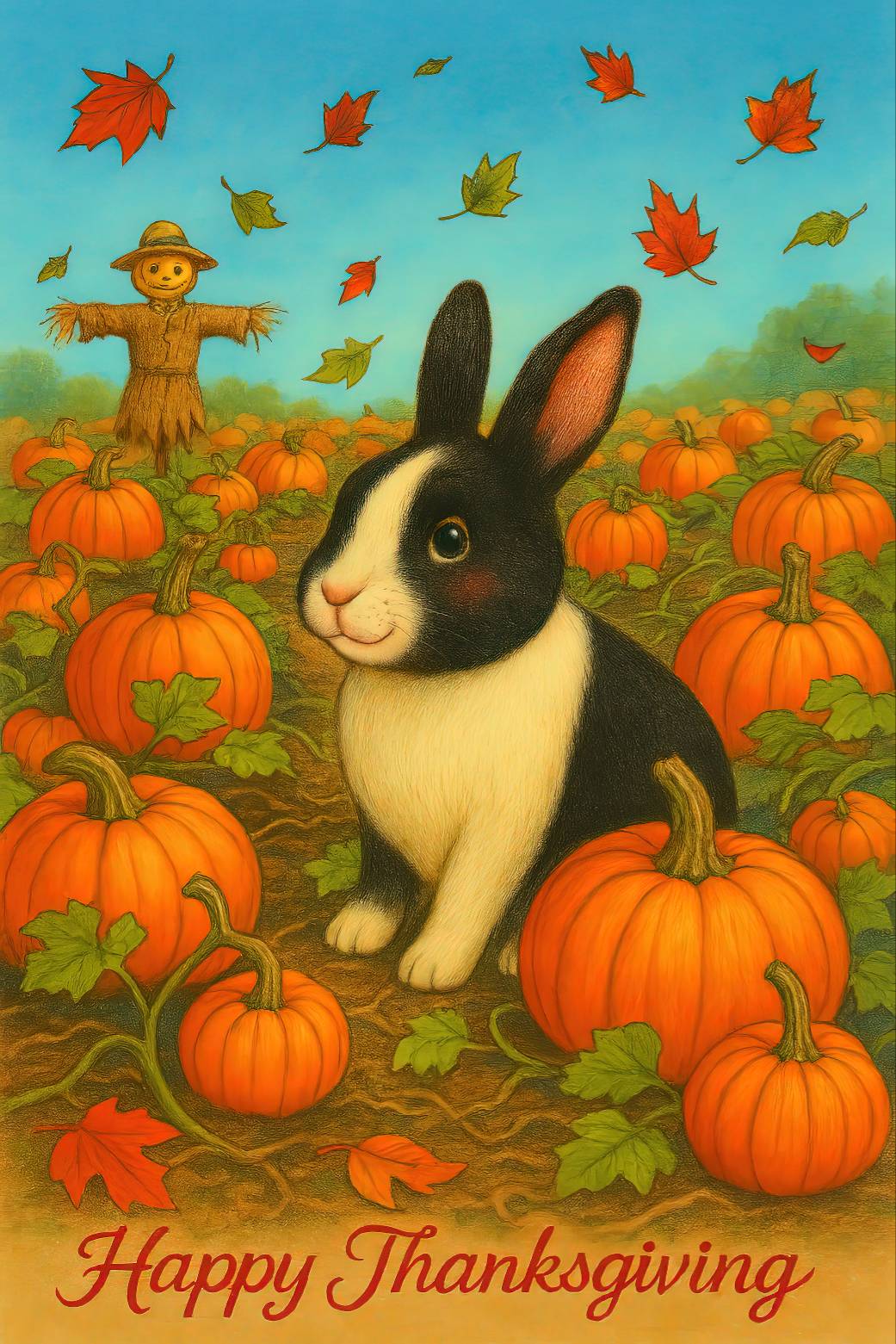 Cartoon of Abby, the talking bunny, seated in a pumpkin patch with falling leaves and a scarecrow in the background, wishing her fans a Happy Thanksgiving!