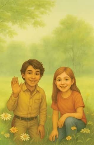 Teo and Patty greet young readers in a sunlit meadow — a joyful welcome to empowering stories and fun learning adventures.