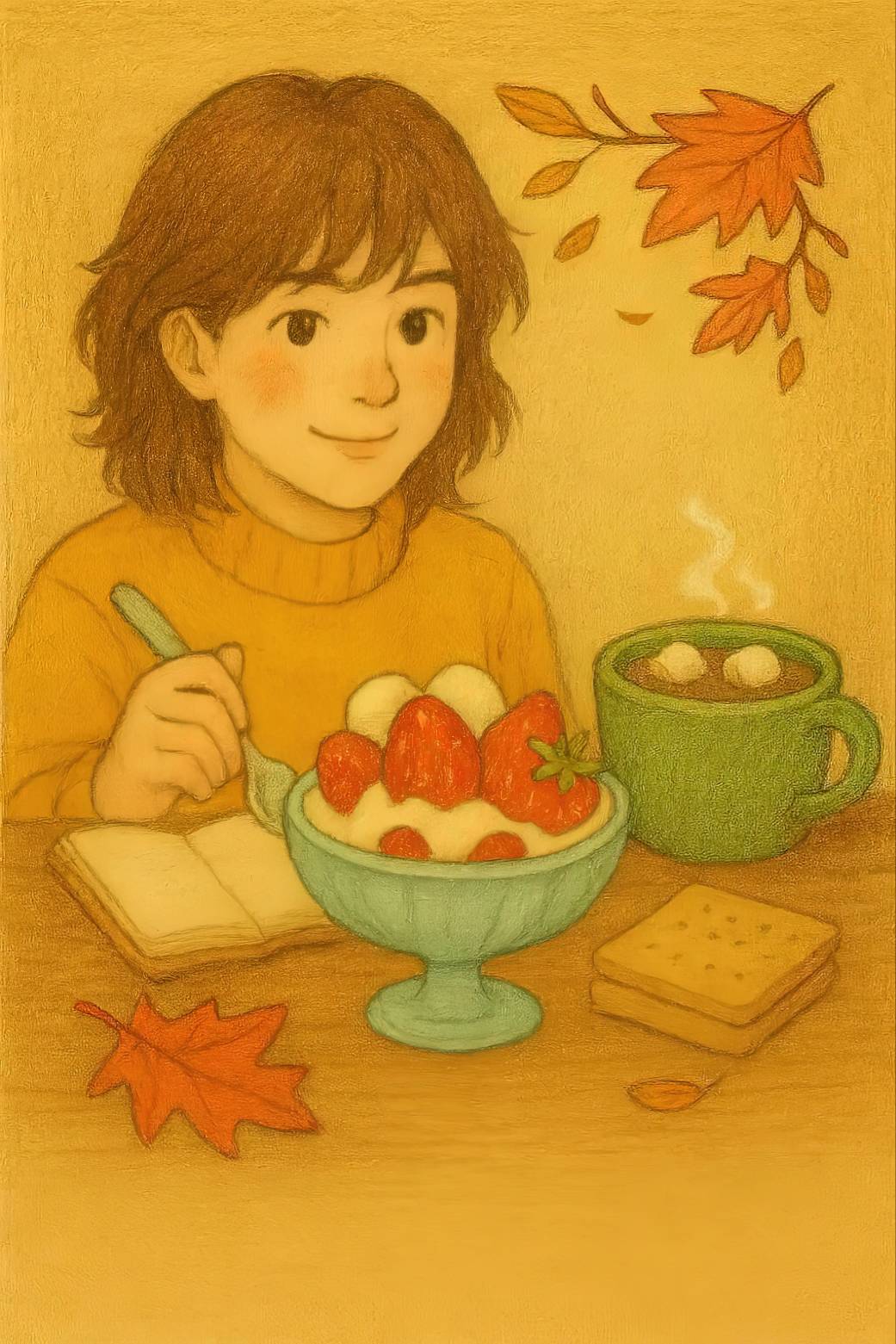 Cartoon of a child in a cozy autumn setting, introducing a dessert recipe called “Abby’s Campfire Sundae & Sip,” with strawberries, ice cream, and marshmallows.