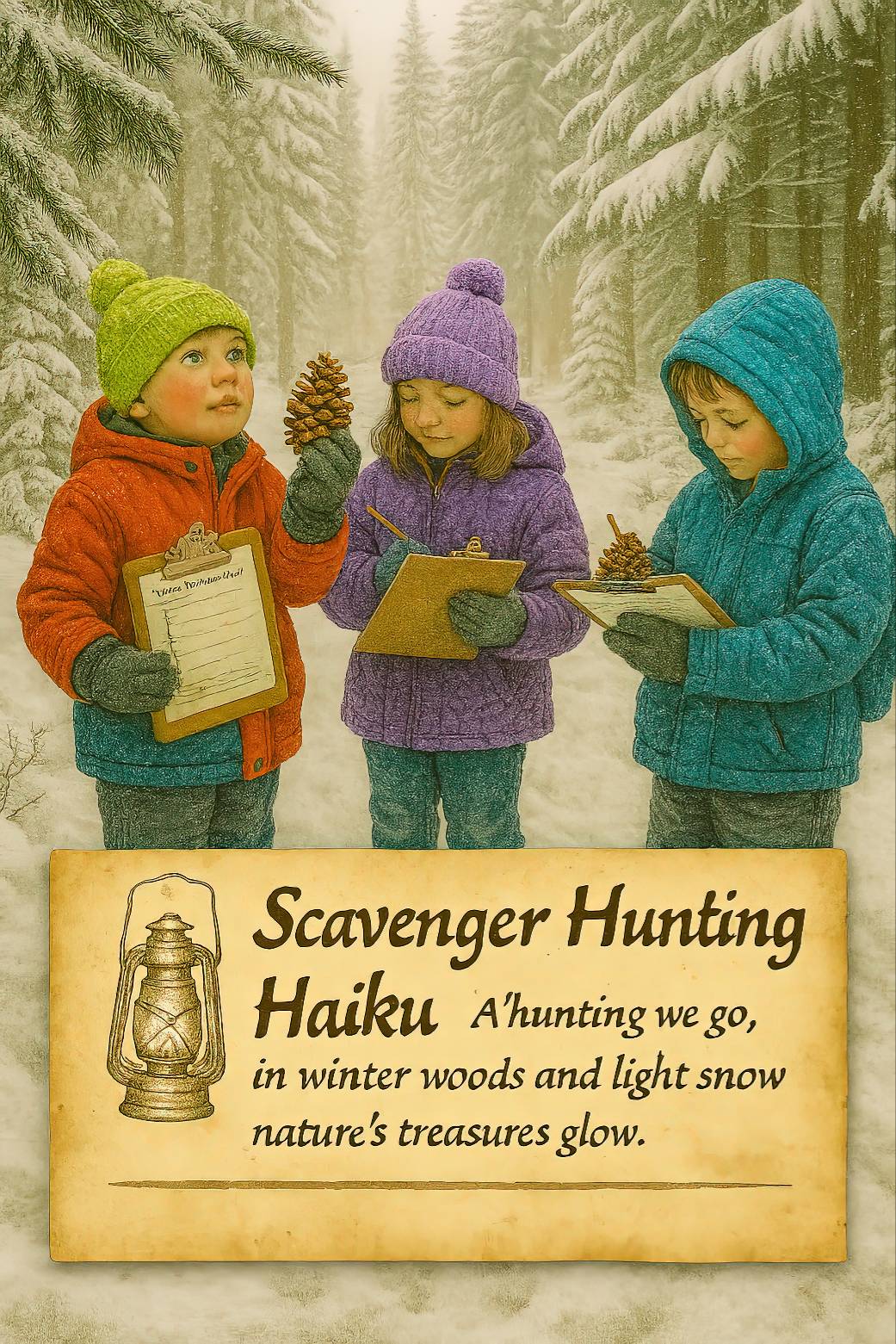 Three children in colorful winter coats stand in a snowy forest, each holding a pinecone and clipboard as they participate in a nature scavenger hunt. Snow-covered evergreen trees surround them, capturing the joy of outdoor exploration and seasonal discovery.
