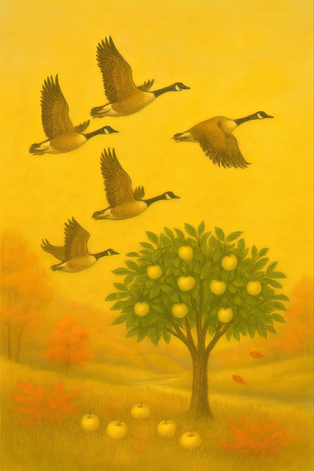 Five geese in flight above an apple tree filled with yellow apples.