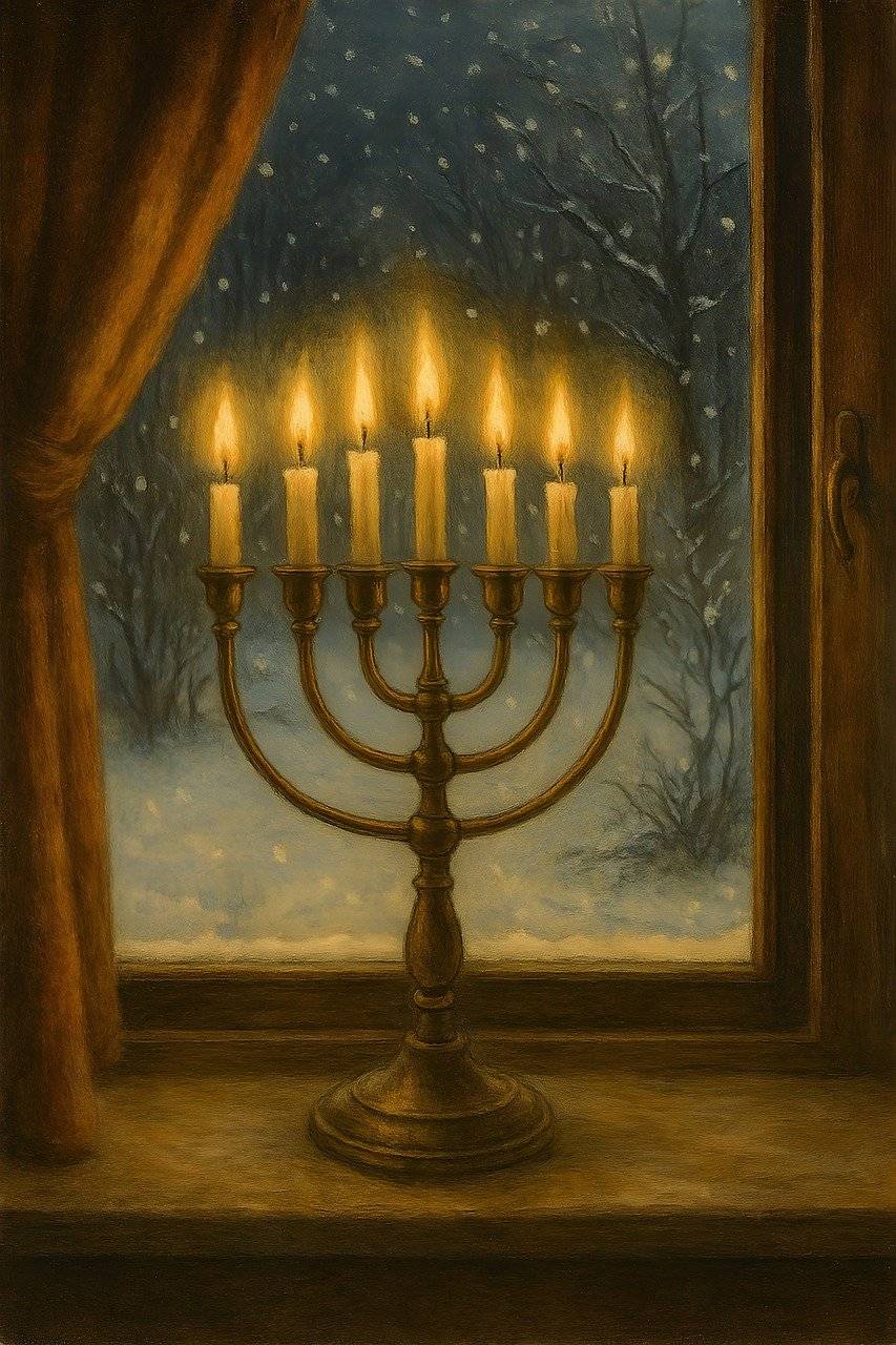 Lit menorah with nine glowing candles sits on a windowsill as snow falls gently outside. The words ‘...and Happy Hanukkah!’ appear below, honoring the light and joy of the holiday.