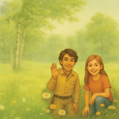 Teo and Patty greet their fans from a wildflower-filled meadow, framed by soft birch trees. This peaceful setting marks the beginning of their first learning adventure: Station WIL ~ What It’s Like to Keep a Bee—an empowering story for young readers.