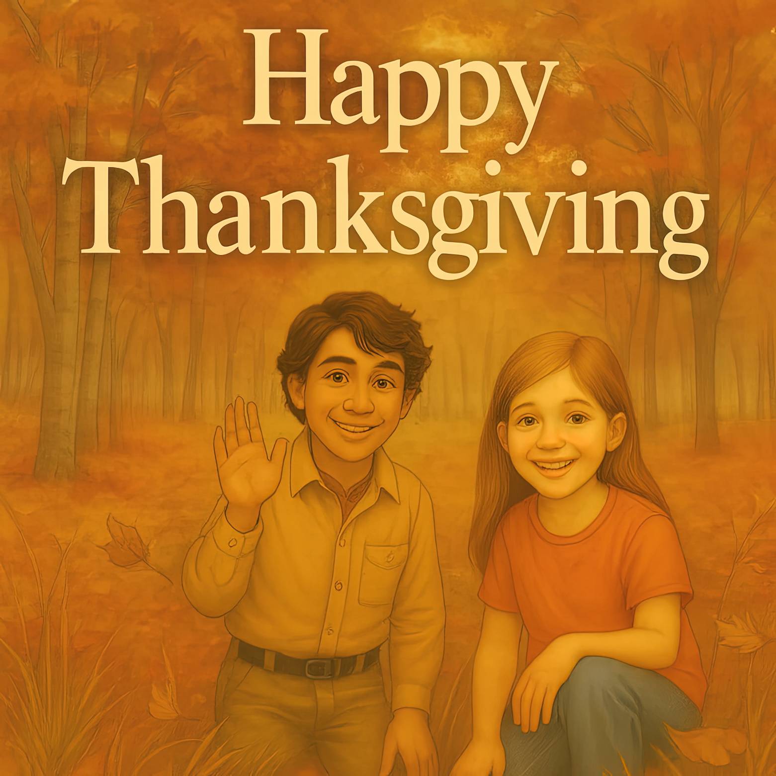 Teo & Patty of Station WIL wave to everyone. Two children in an autumn forest, smiling warmly with “Happy Thanksgiving” above them.