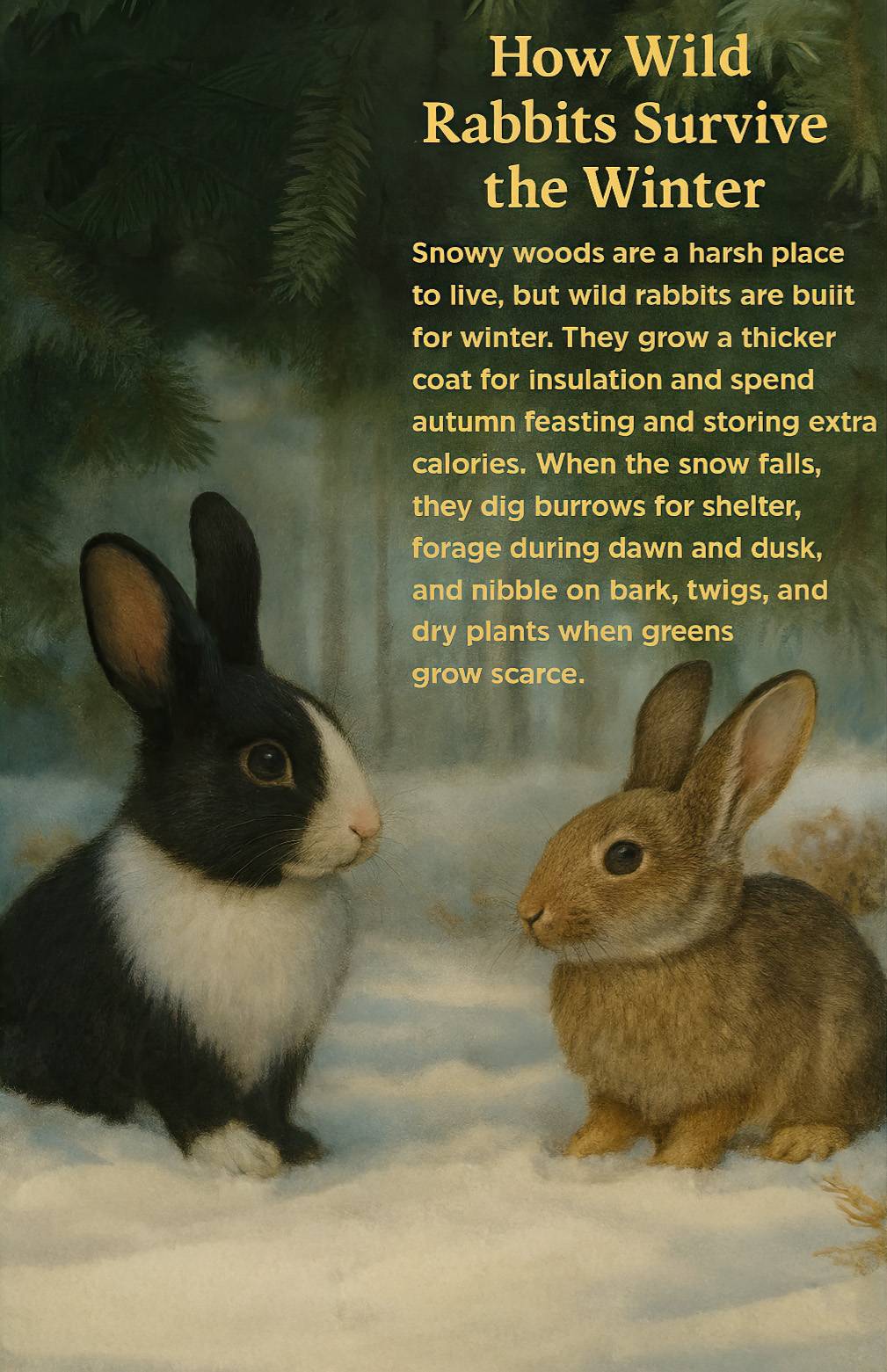 Black and white domestic bunny named Abby, meets a small brown wild-woods bunny friend in the snowy woods.