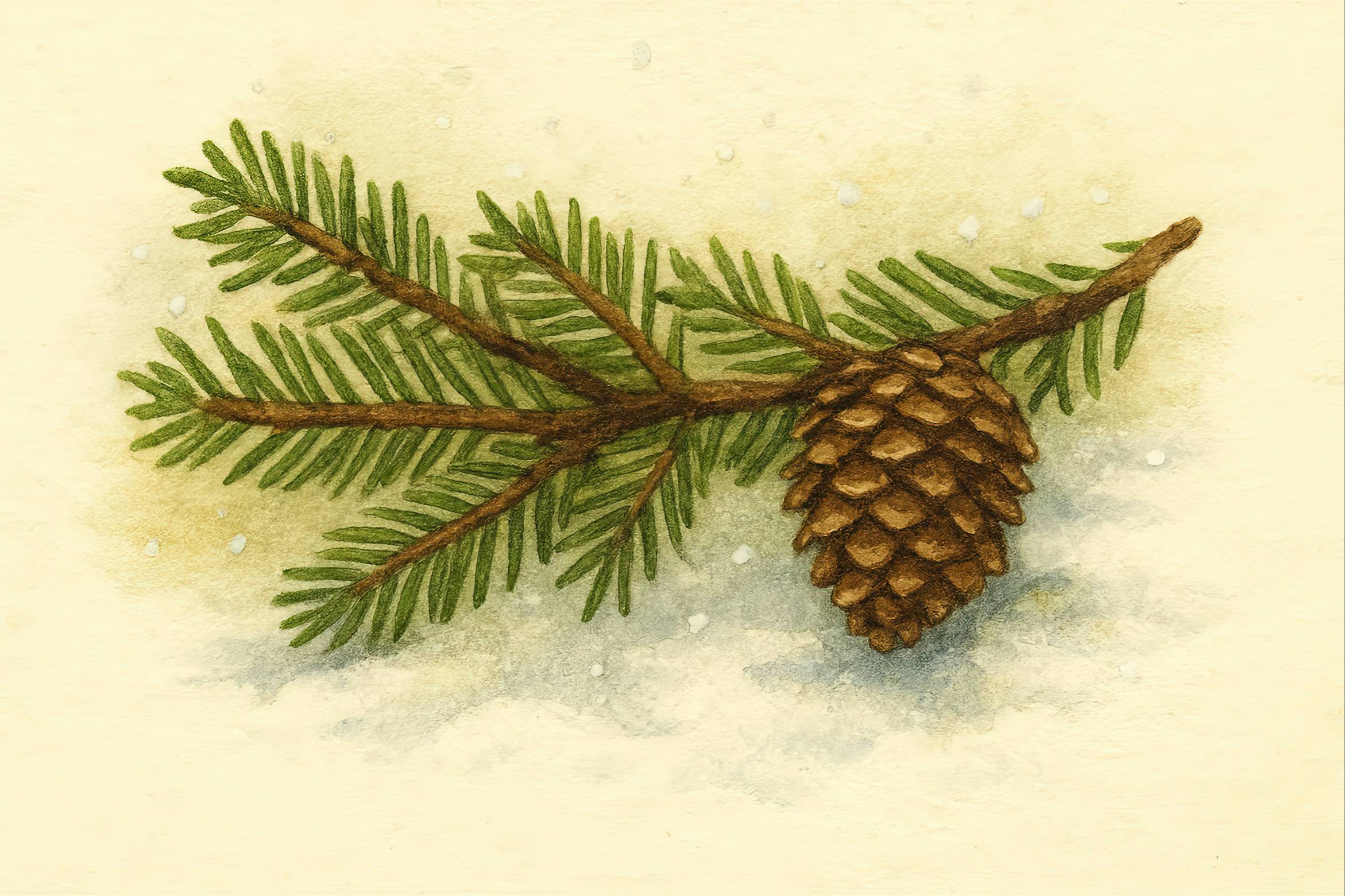 A small pine branch with a single pinecone resting on snowy ground — a quiet symbol of winter’s little things.