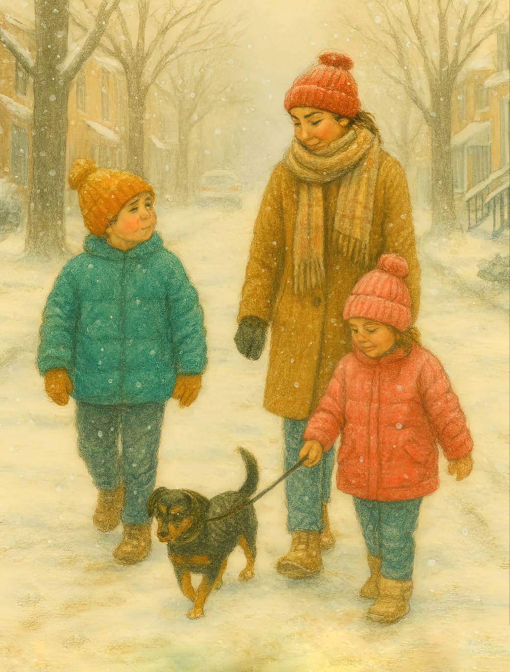 Two children and their mother in winter coats walk a little black and tan dog down a snowy street lined with bare trees and snow-covered buildings, creating a cozy, festive atmosphere.
