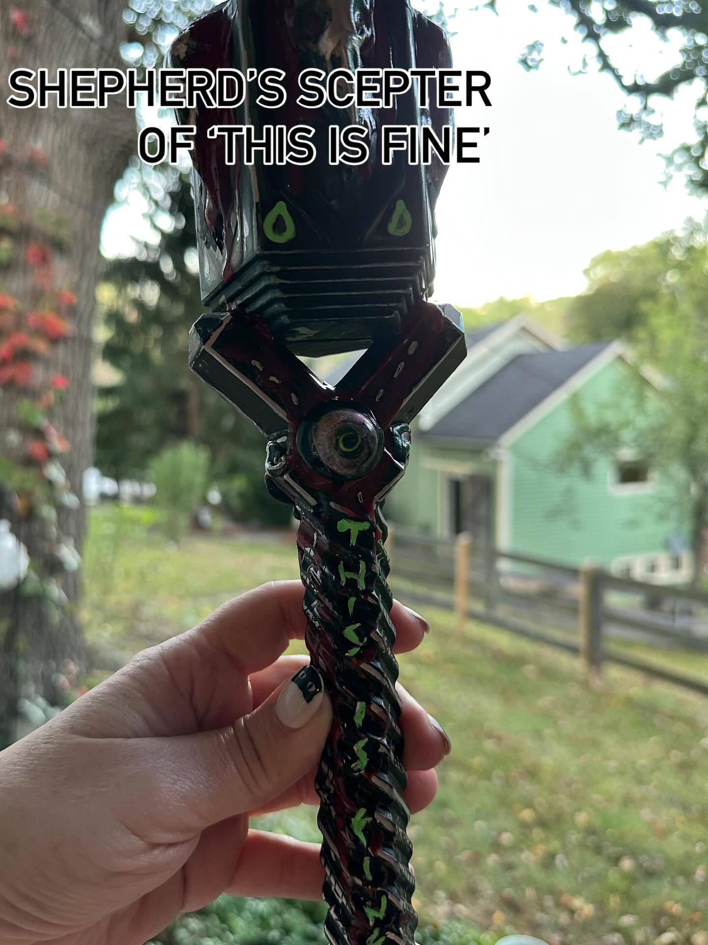 At this past weekend’s Wicked Oddities Fair, we met a young person who took an interest in the gonzo scepter I made from a broken toy I found at Habitat Restore. We asked her to give us her take on the scepter’s powers, and she said “it’s the Scepter of This Is Fine” (the coffee drinking dog meme). And that was so cool that I made it official, but also credited her for the whole idea.
So, please say hello to Shepherd’s Scepter of “This Is Fine”.
I am pointing it out there and seeing if things indeed are Fine. Hard to tell, these days.
#shepherdsscepterofthisisfine #larp #larpweapon #thisisfine