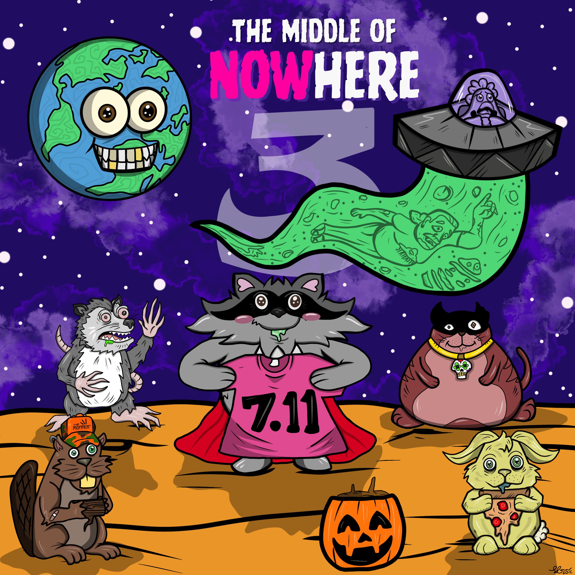 An outer space scene with the earth in the background and the characters from before plus a beaver, opossum and rabbit stand on an orange planet. Text reads The Middle of NowHere 3 7.11