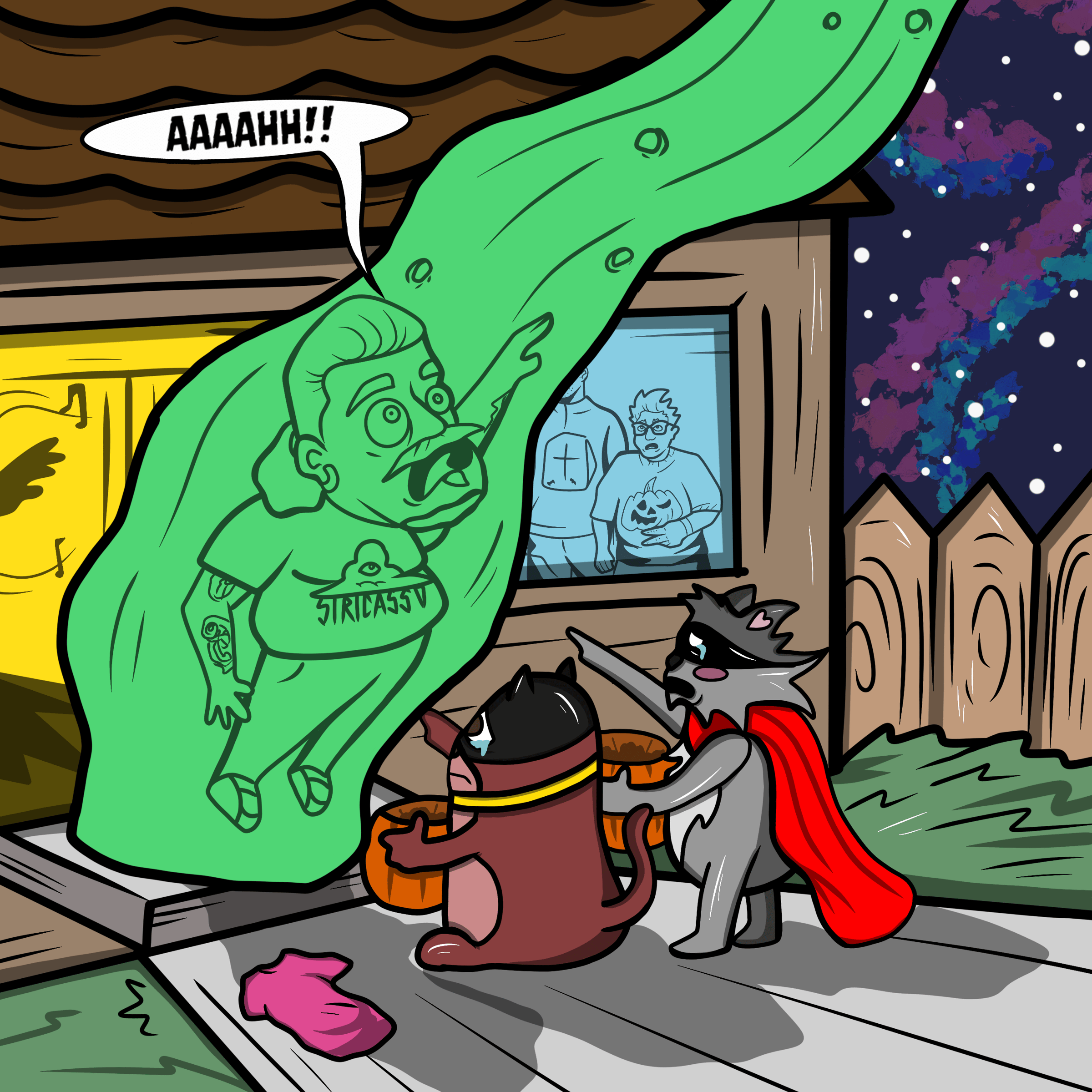 Siri is hit by a green slime substance and yells "aaah!" as he is lifted off the ground, all the other animal and human characters are stunned