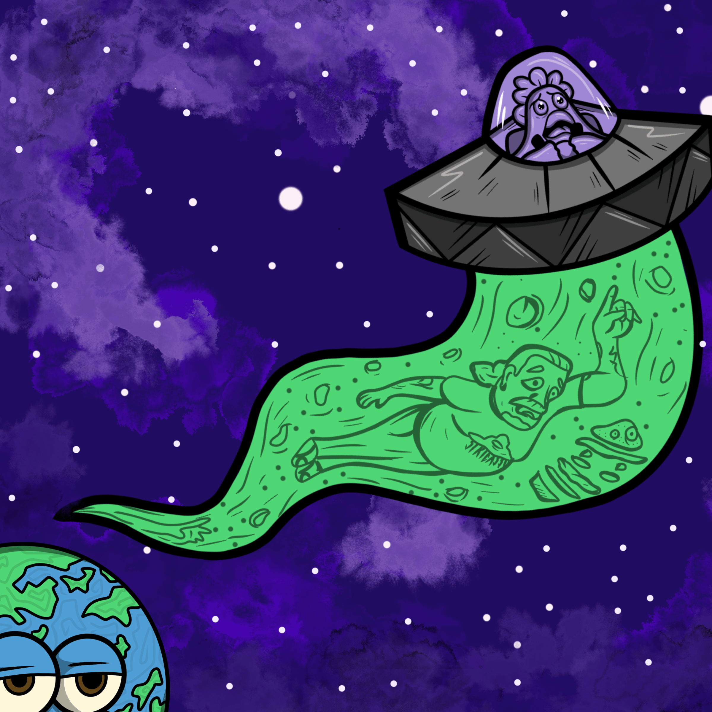 Siri is seen in the green slime below a UFO being flown by a chicken