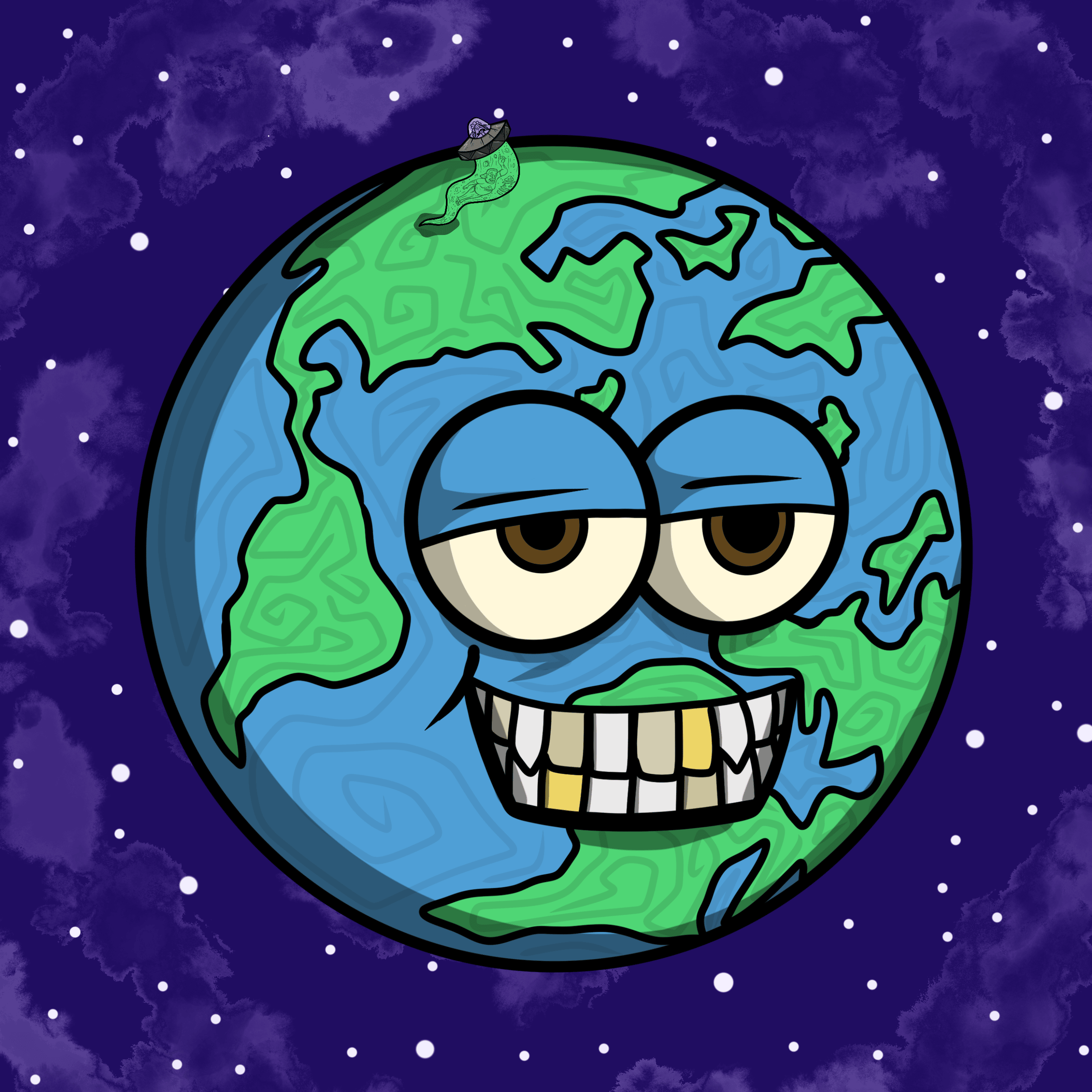 An illustrated personified version of the earth smiles as we zoom out and see a green wave emerging from the top