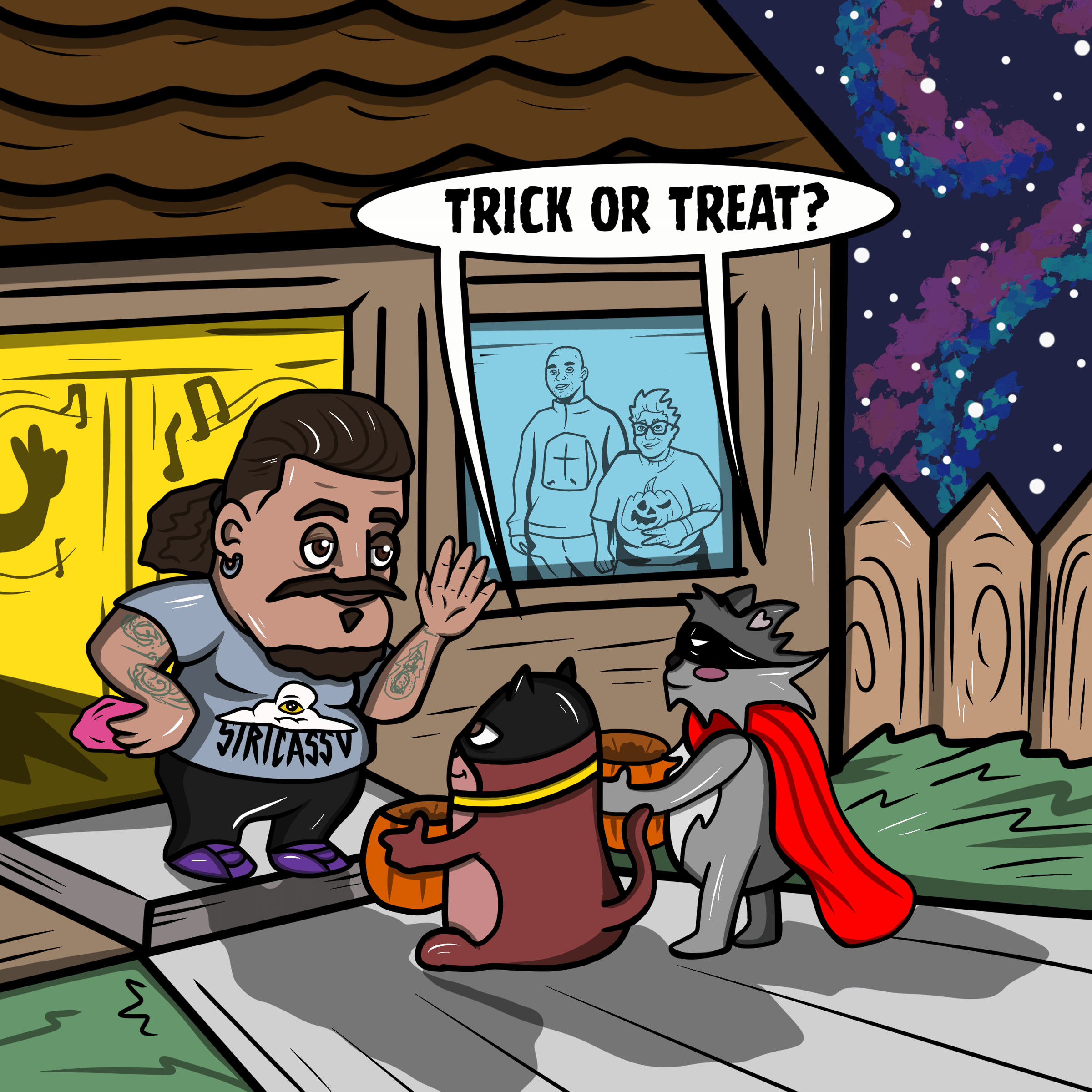 a graphic illustration of Siri stands in front of a house, a masked cat and a masked raccoon say "Trick or Treat" two human friends peek through the window from inside.