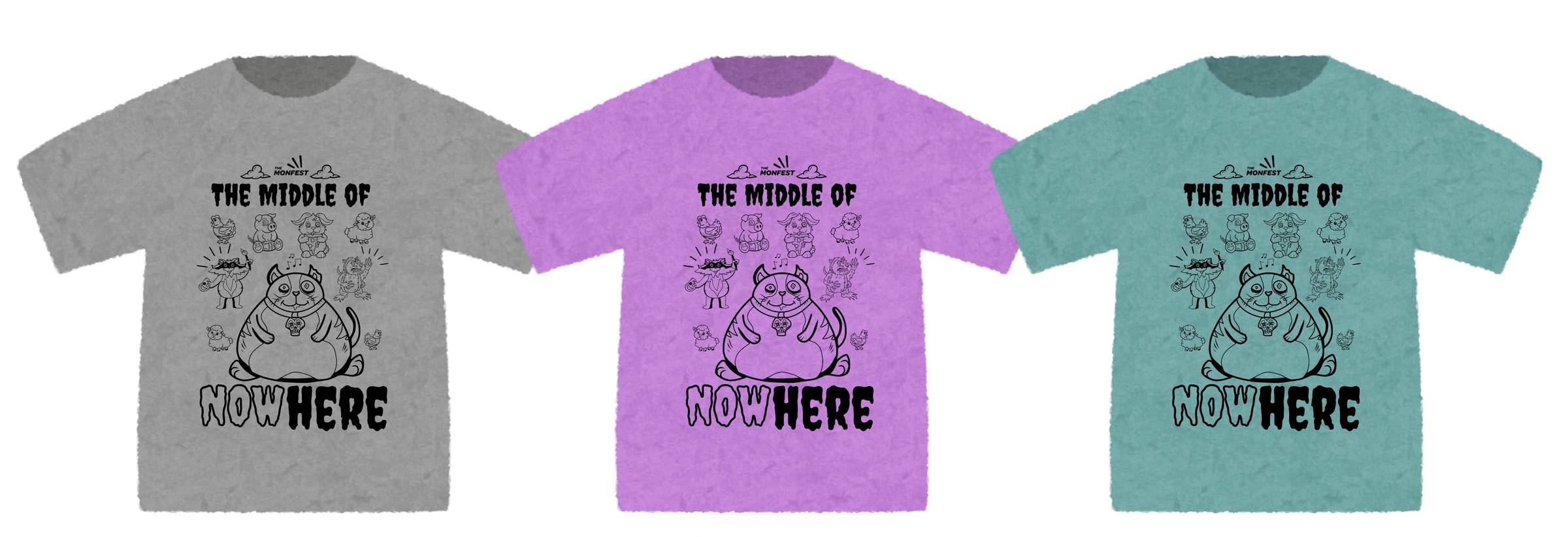a lavender shirt with the MONfest character line drawings in black