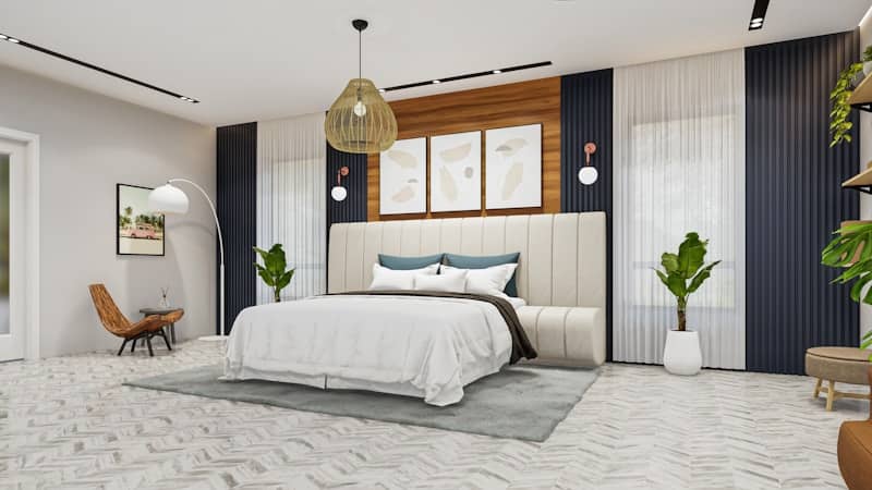 A bedroom with a large bed and lots of plants