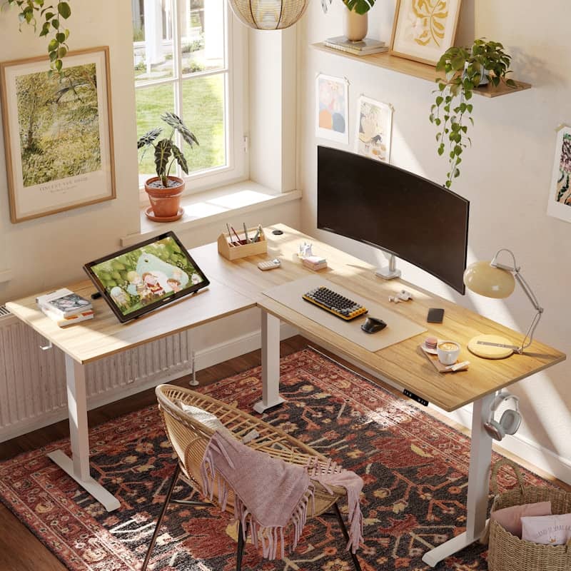 A corner desk with a computer on top of it