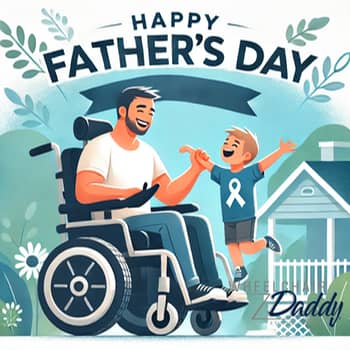 A dad in a power wheelchair outside withi his son.