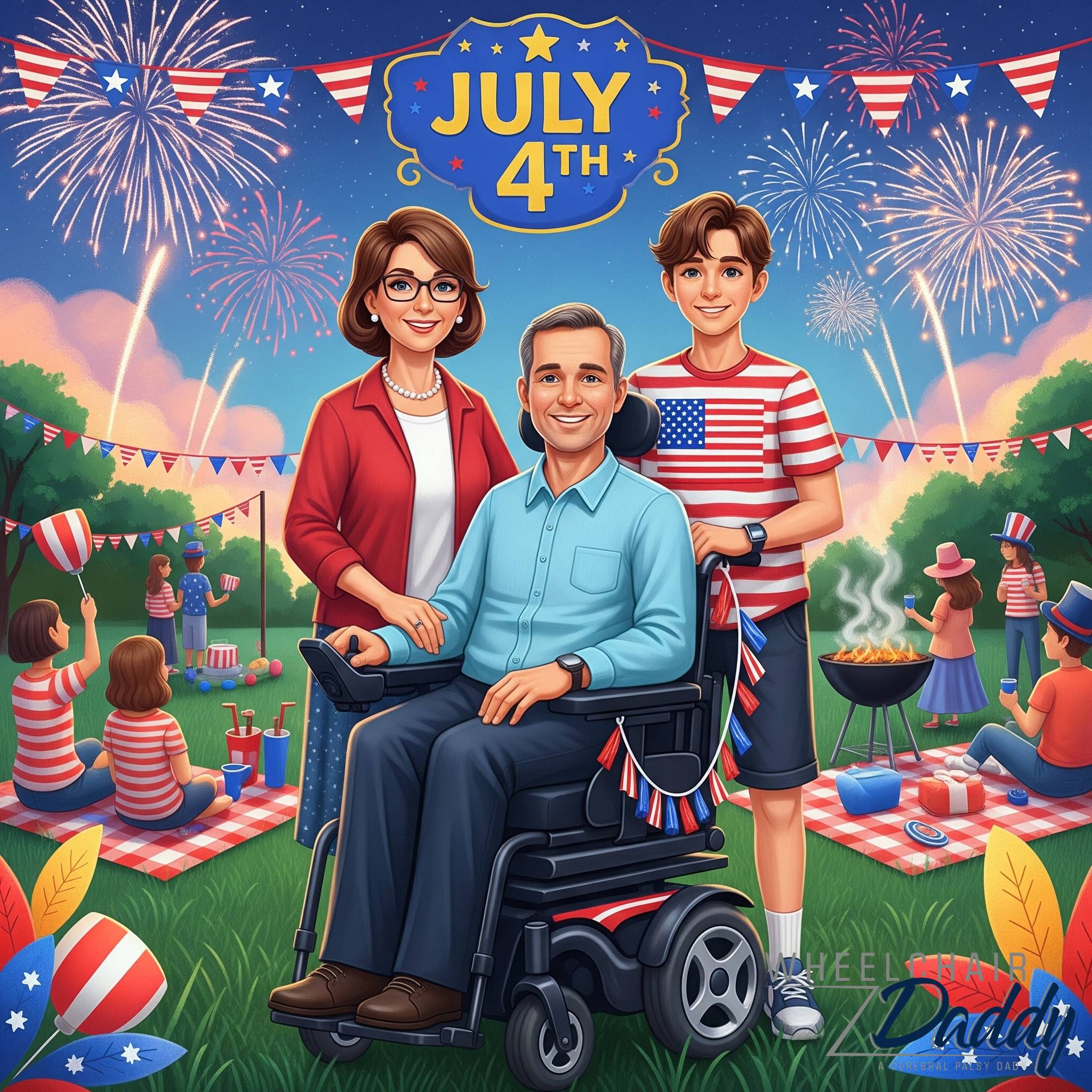 Family of 3 celebrating July 4th.  Husband in power wheelchair.