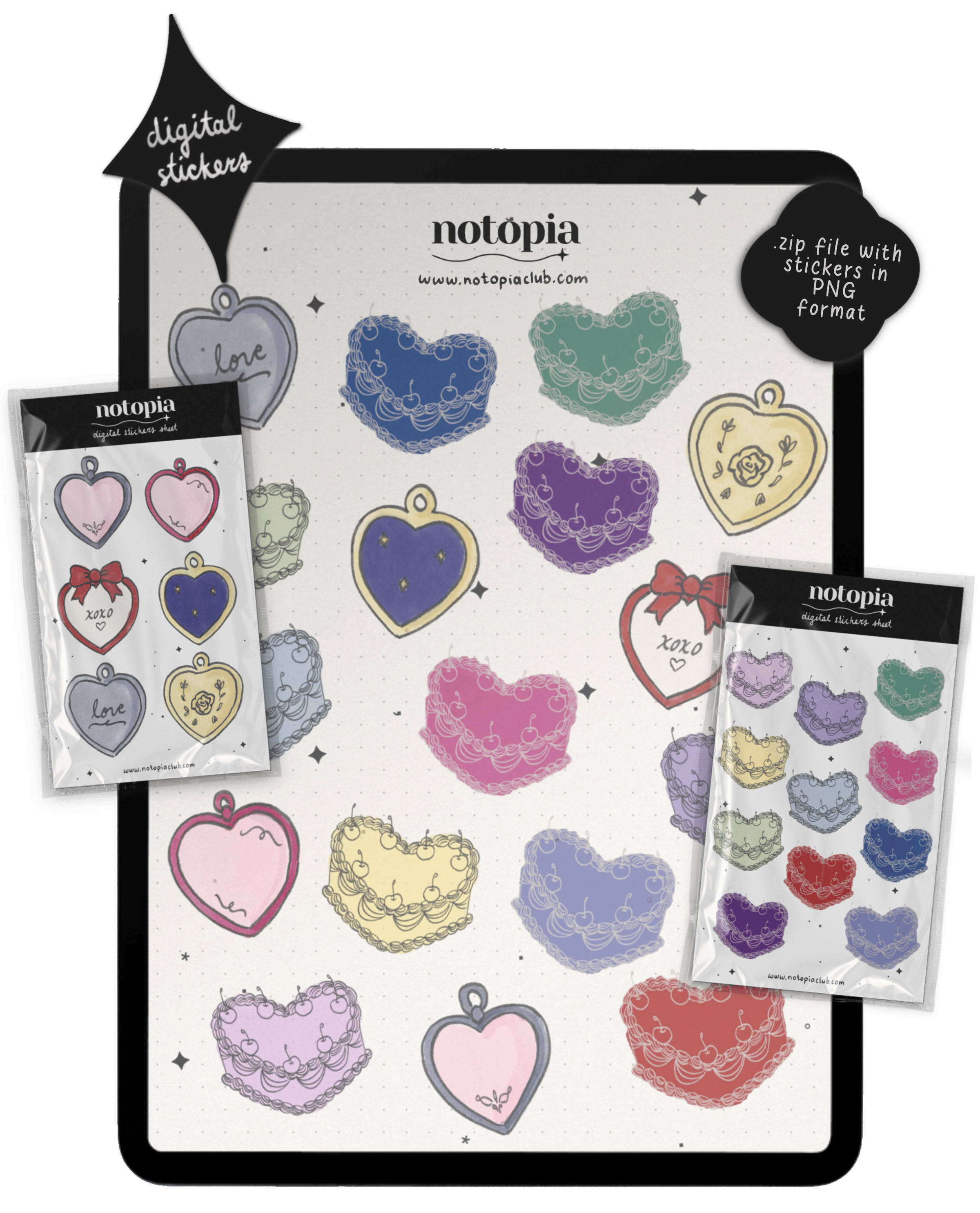 Digital stickers of hand-drawn heart lockets and cakes