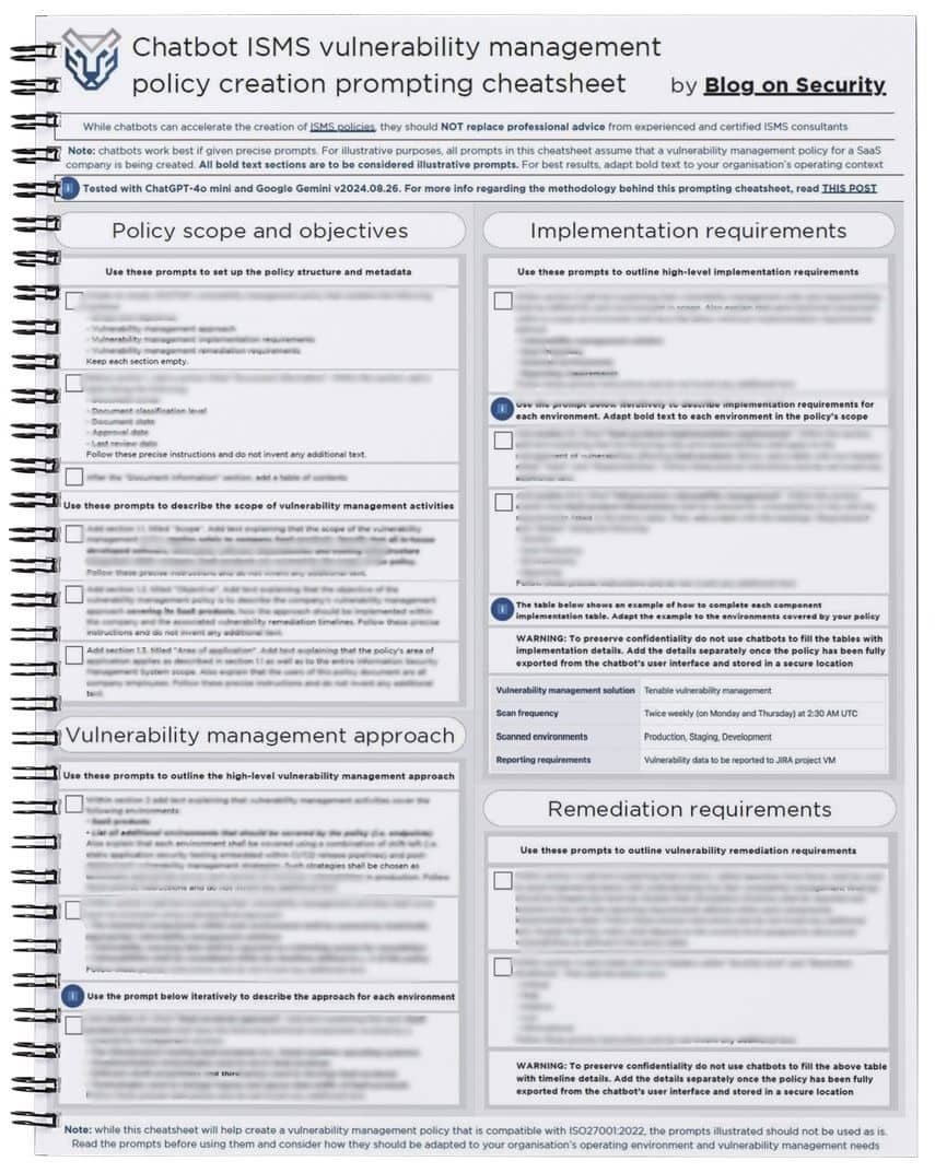 Chatbot vulnerability management policy creation cheatsheet