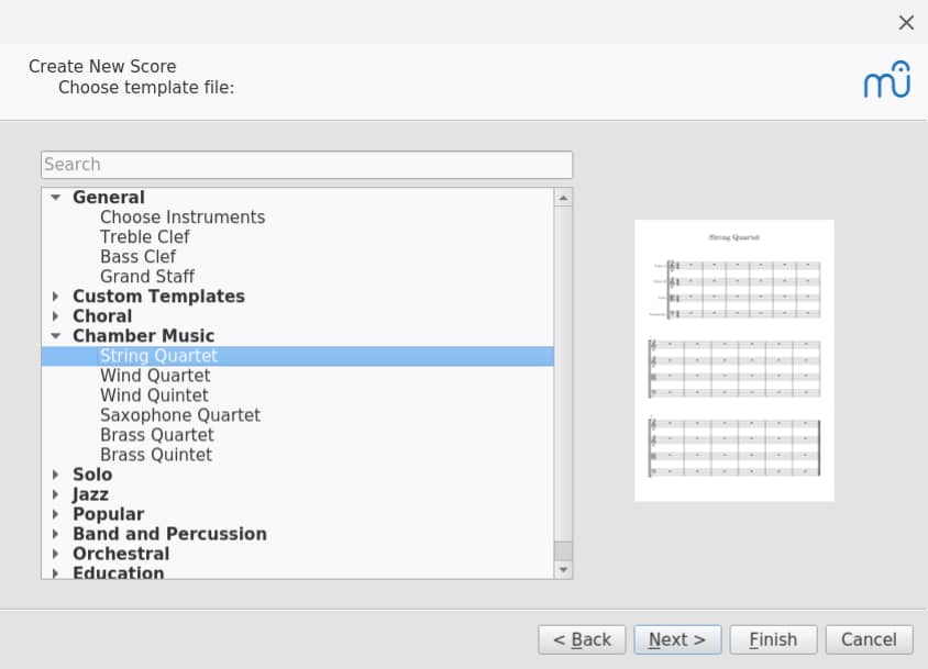 dialog for selecting instruments or templates