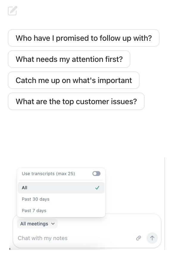 Granola's recommended prompts for querying meeting notes