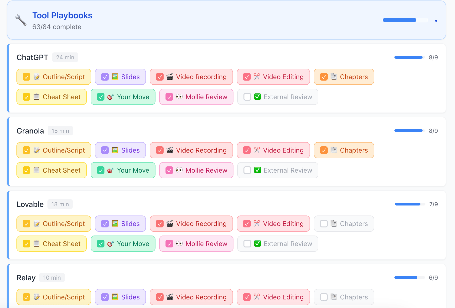 Progress tracker for playbook sections